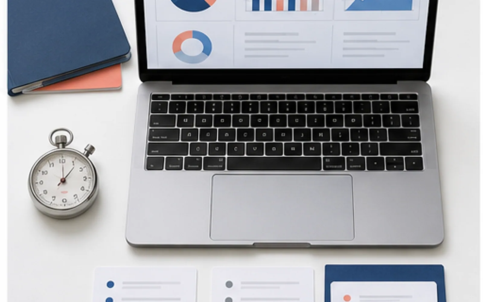 Notebook com slides e cronômetro usados no ensaio de uma apresentação de defesa do TCC