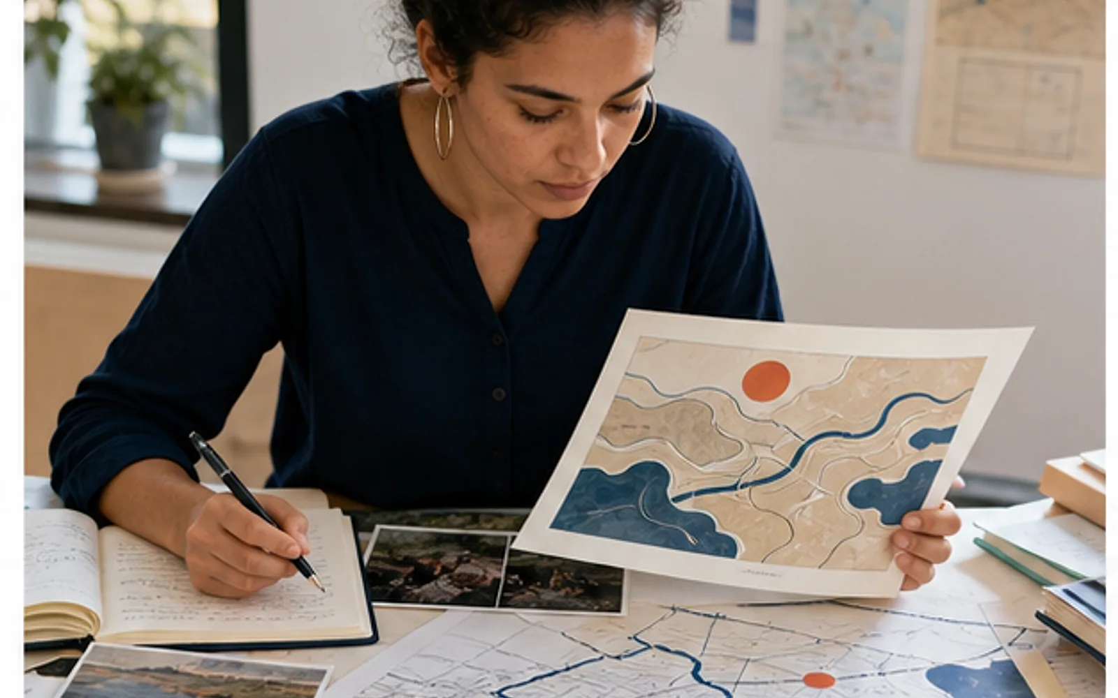 Pesquisadora analisando mapa, fotografias de paisagens e registros culturais de um território