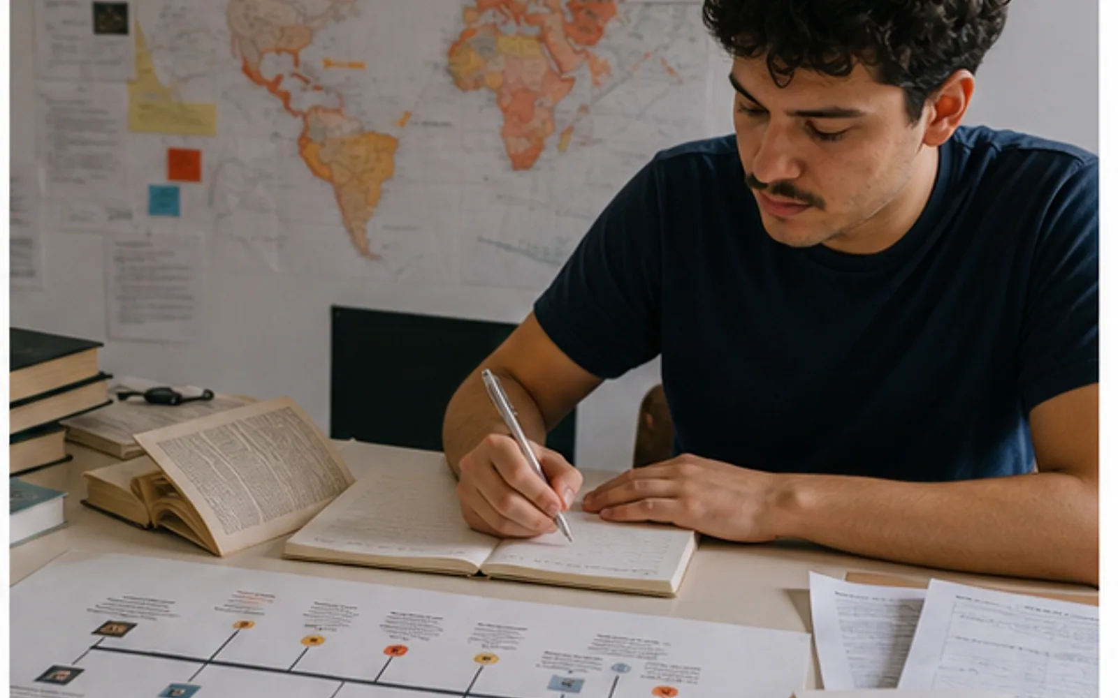 Historiador comparando jornais, mapa e documentos políticos para escrever artigo de História Contemporânea