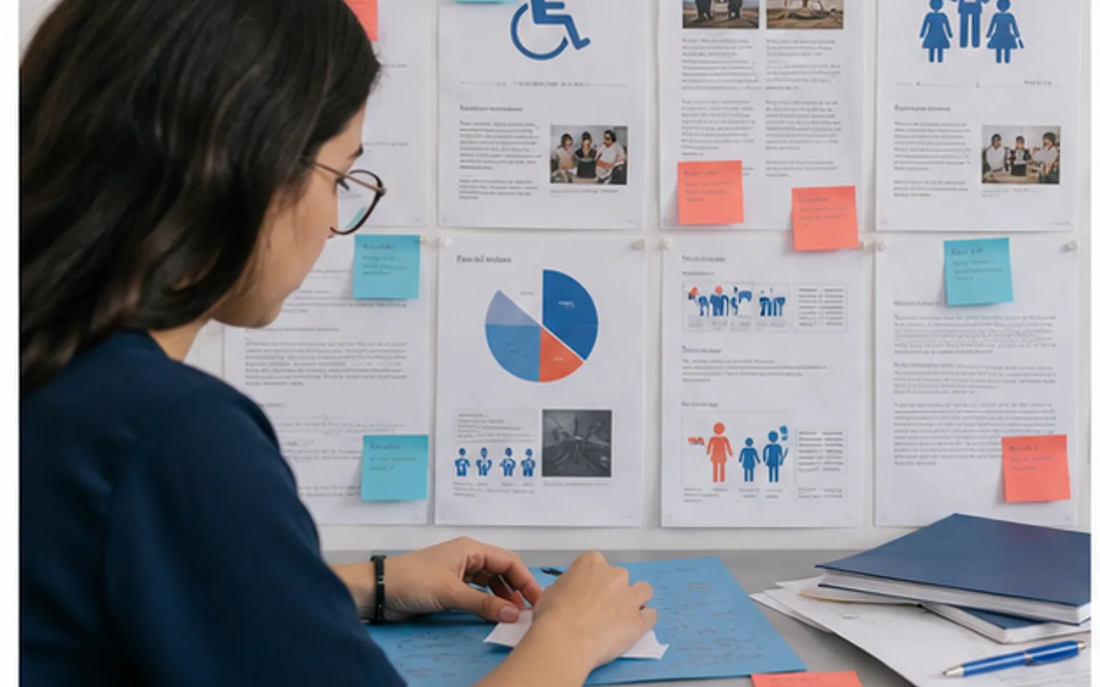 Pesquisadora observando recursos acessíveis e participação diversa em atividade pedagógica colaborativa