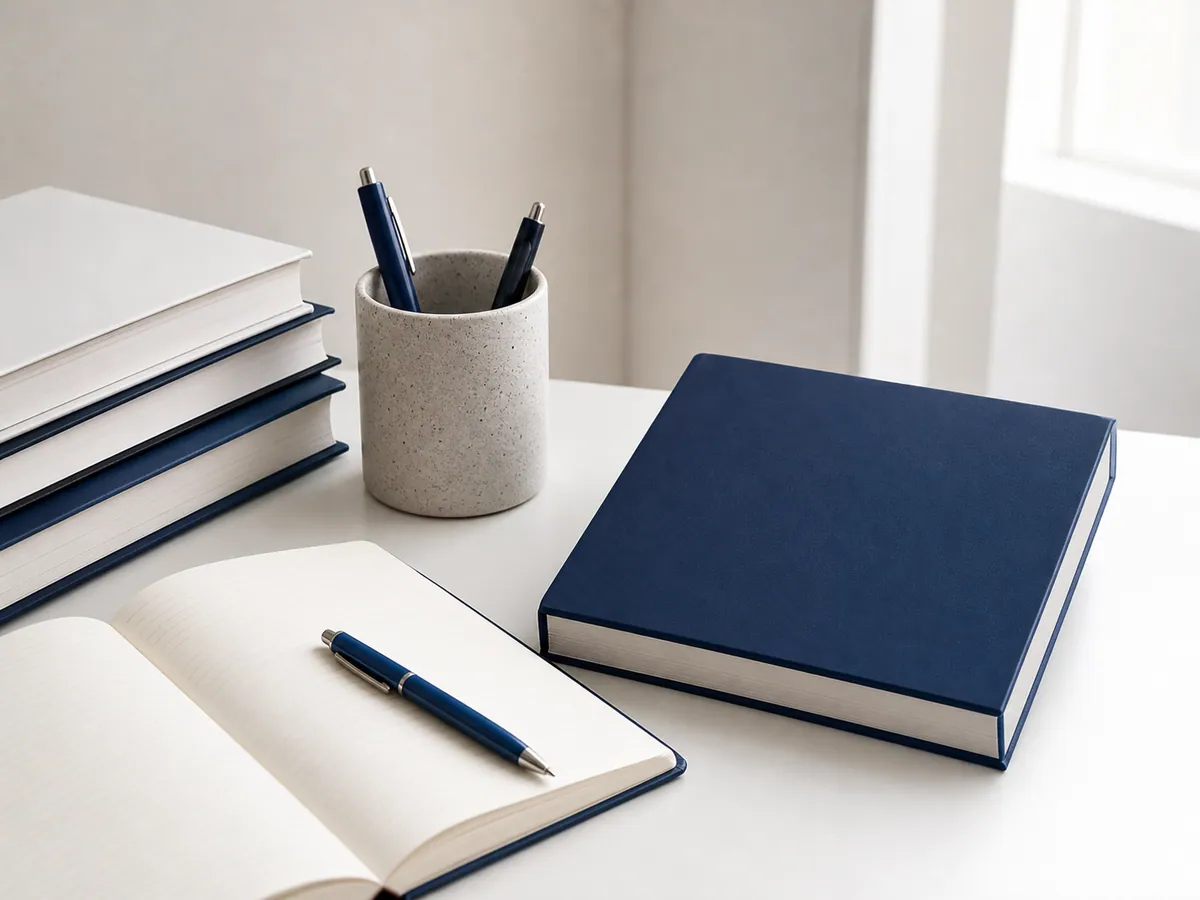 Livros e caderno representando autoria e revisão acadêmica responsável