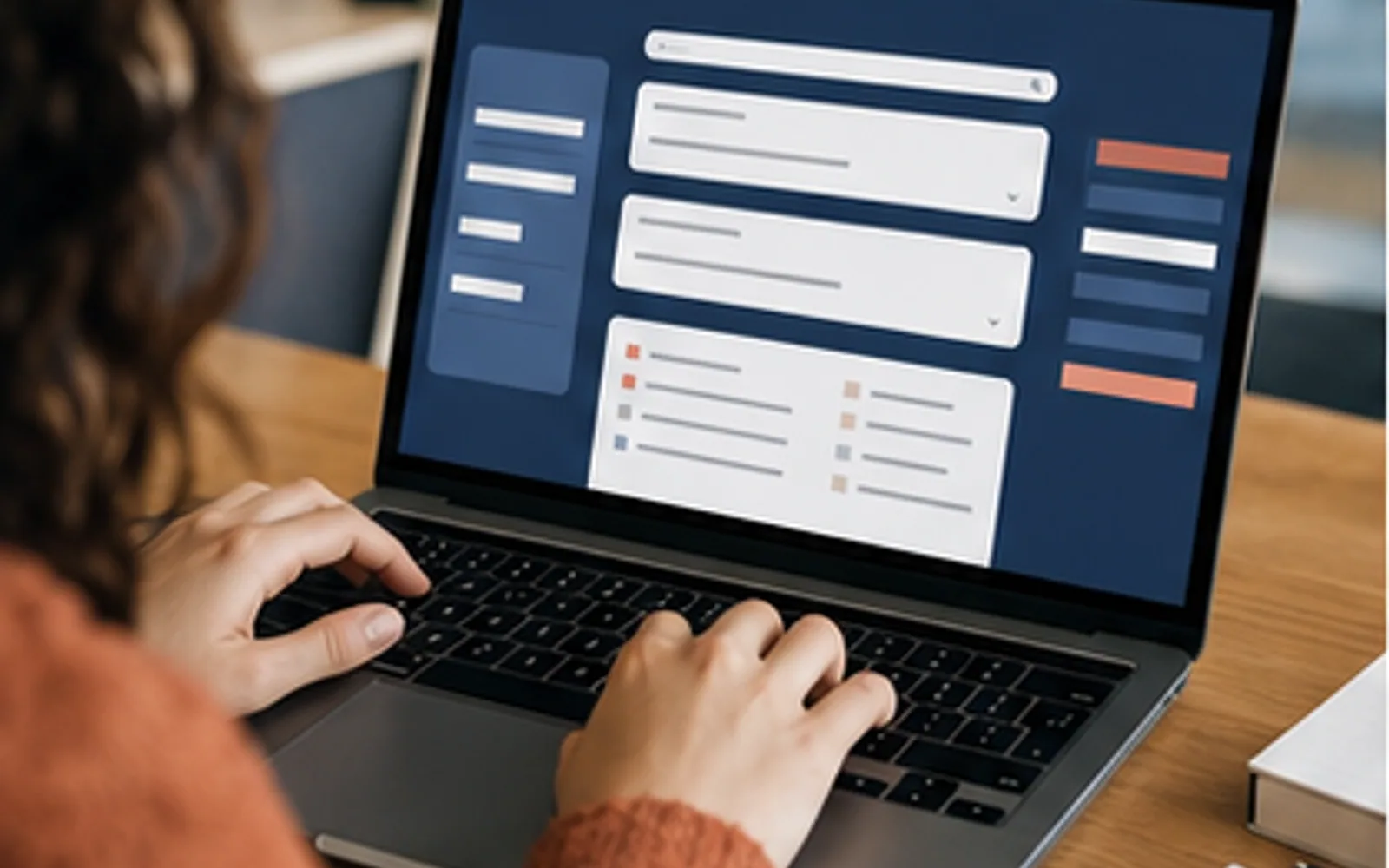 Estudante pesquisando artigos em interface acadêmica com filtros de assunto, data e tipo de documento