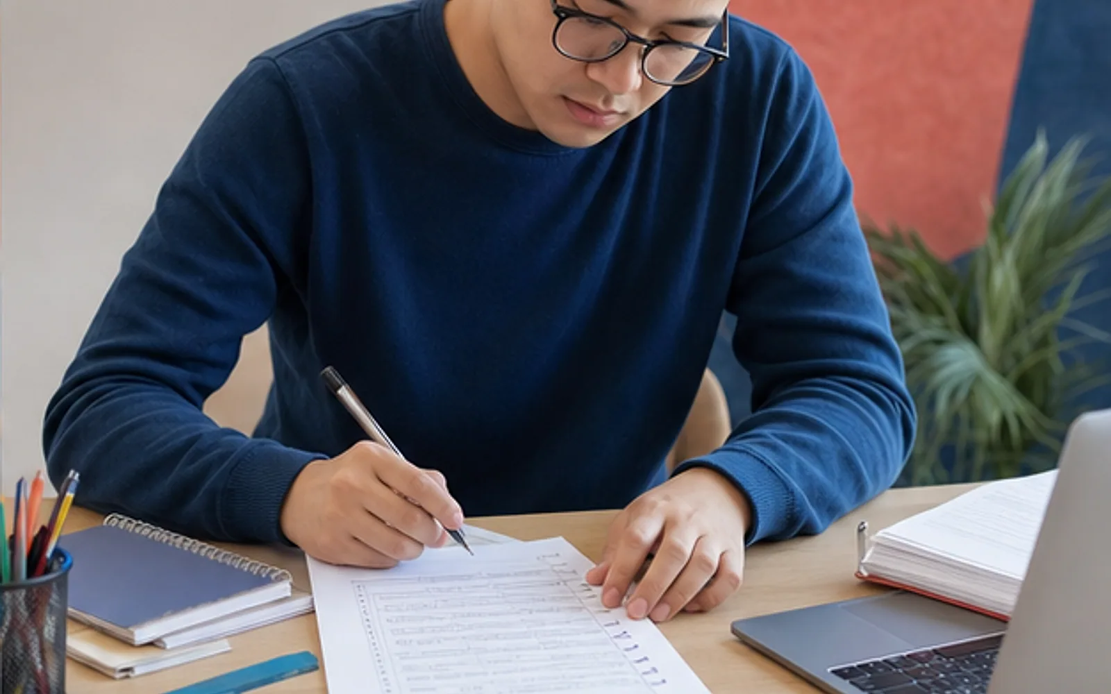 Estudante revisando checklist de estrutura, citações, referências e PDF do TCC