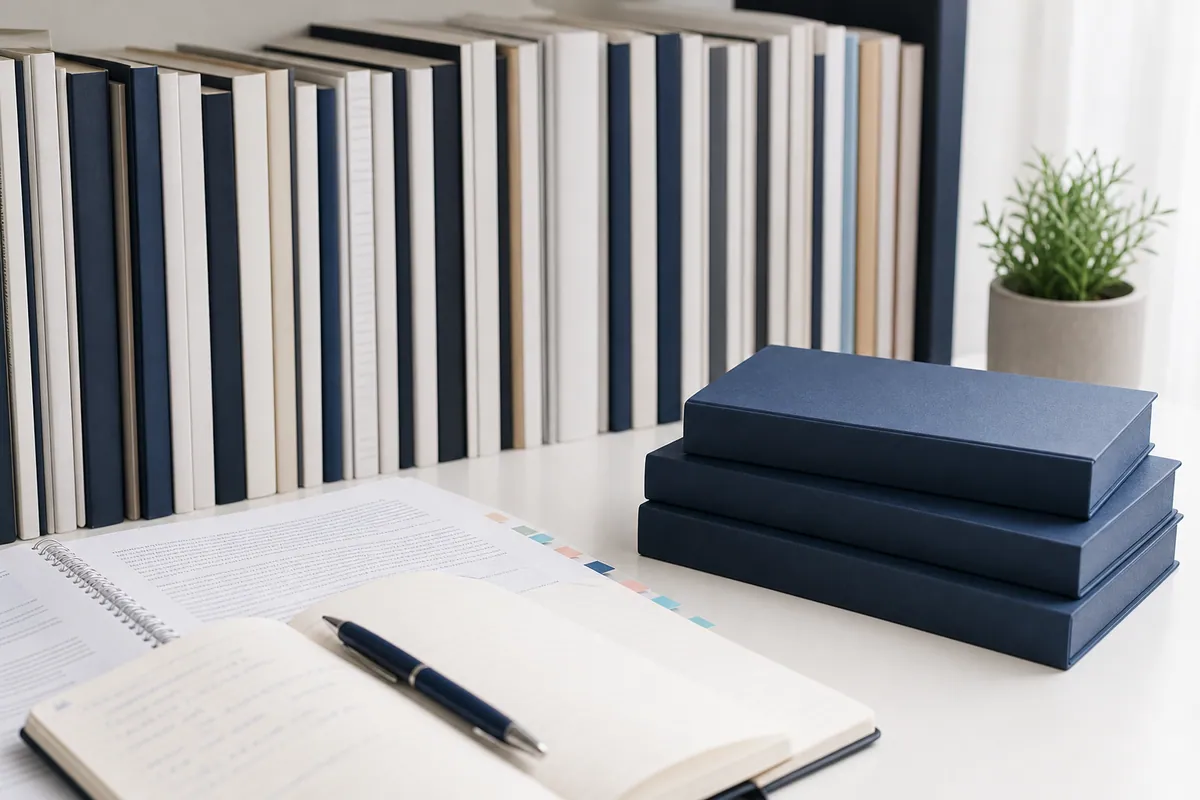 Livros, caderno e materiais organizados para pesquisa e metodologia acadêmica