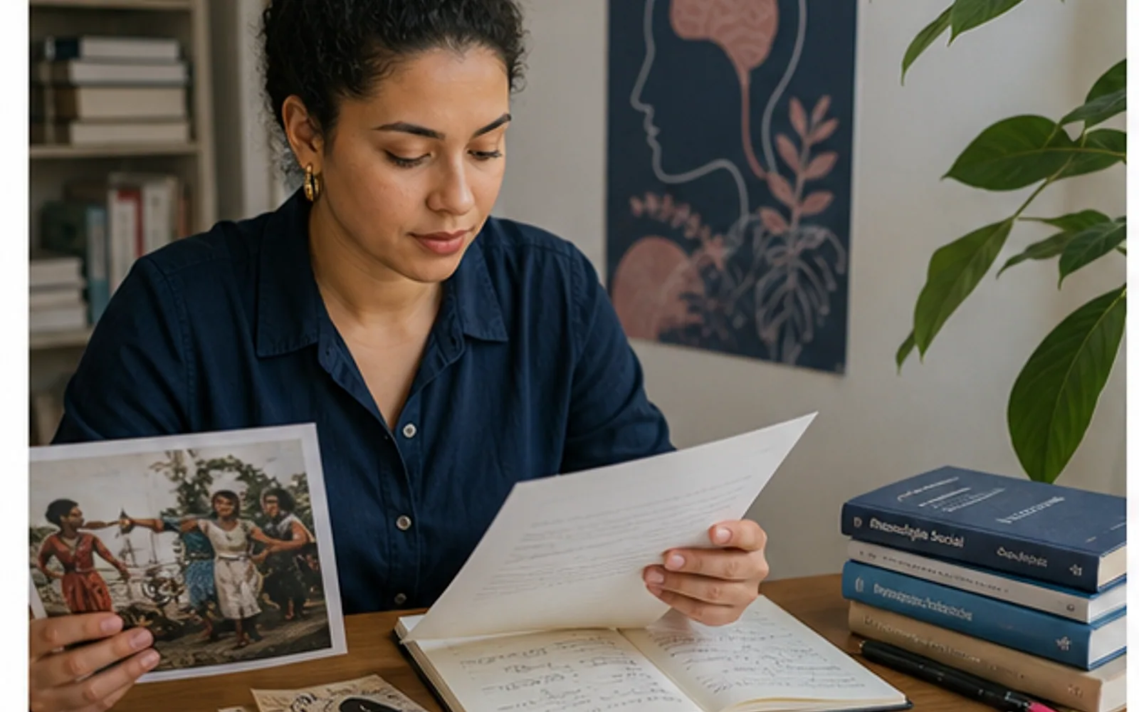 Pesquisadora relacionando registros culturais, literatura de psicologia e notas analíticas de uma dissertação