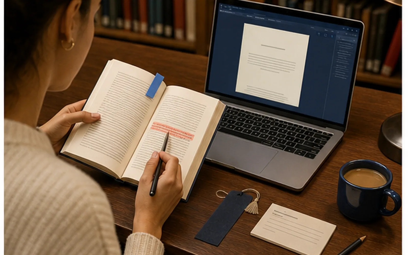 Estudante conferindo uma epígrafe em livro original antes de inserir a citação no trabalho acadêmico