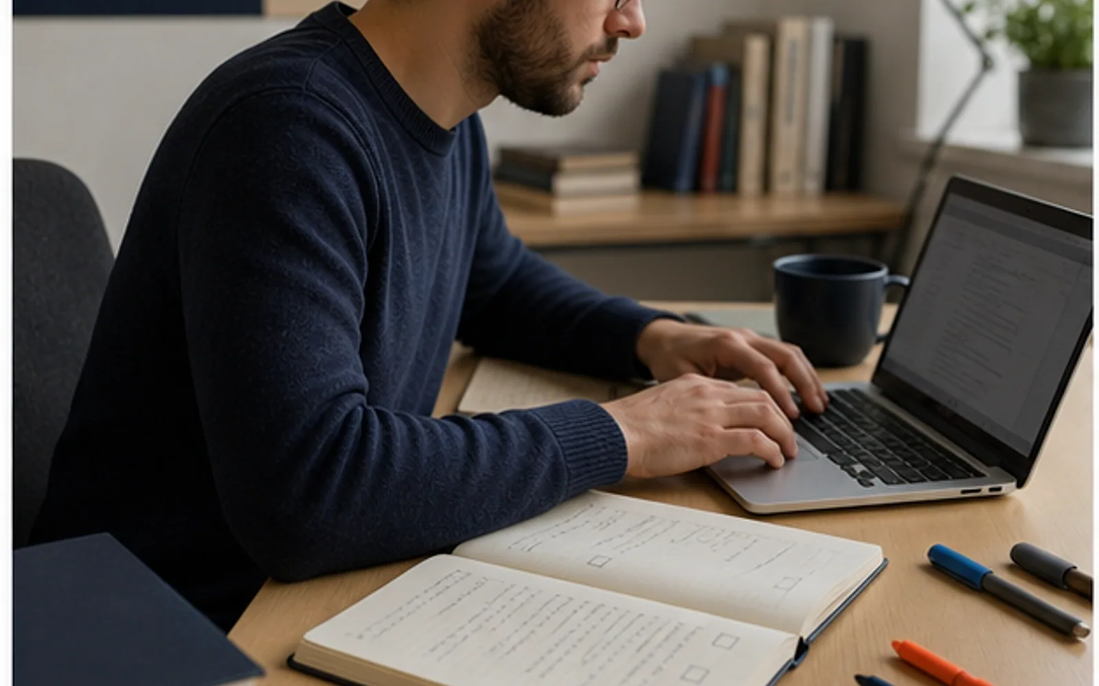 Pós graduando revisando estrutura, citações e estilos de uma dissertação ou tese no computador