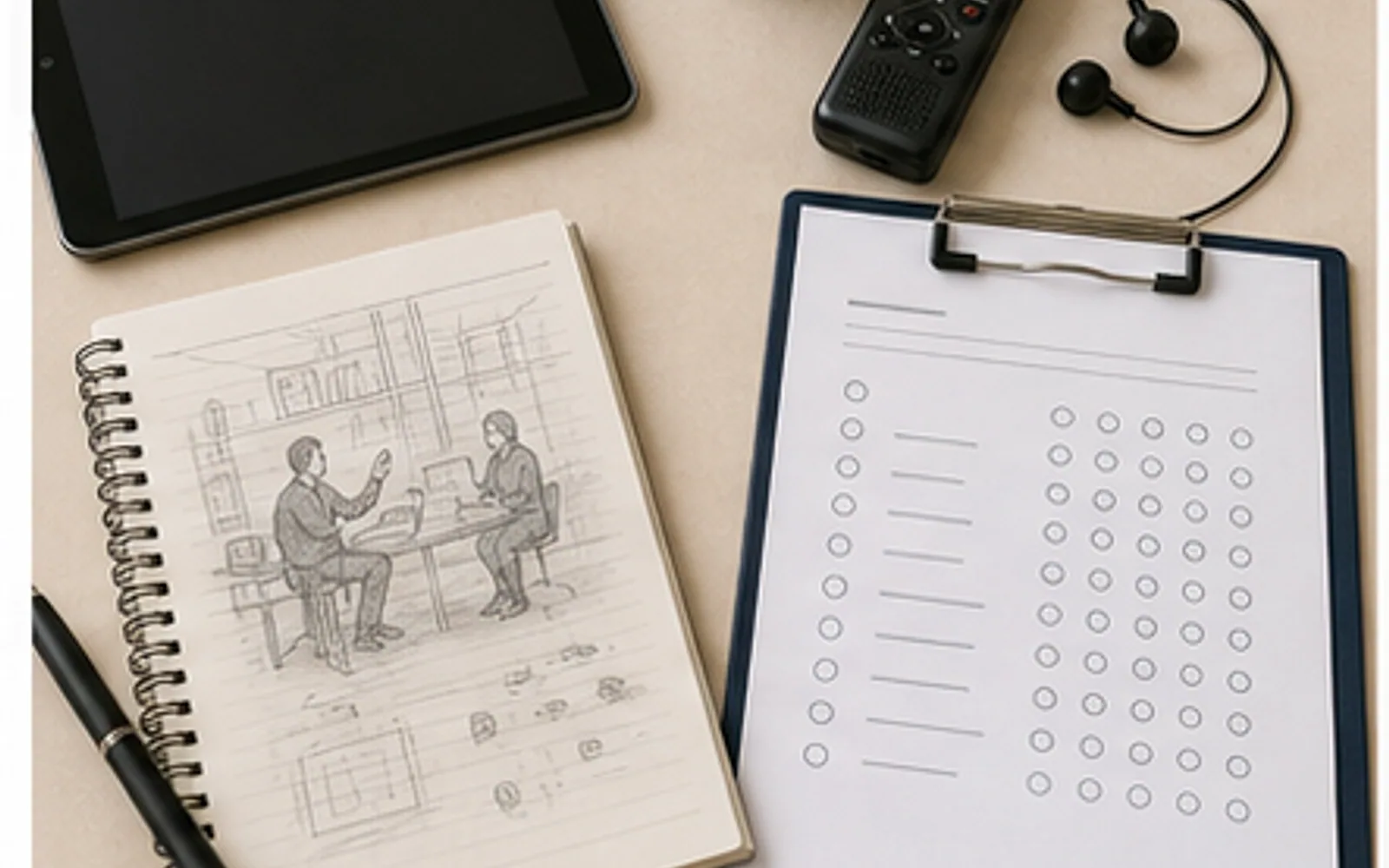 Estudante comparando questionário, entrevista, observação e documentos para coletar dados no TCC