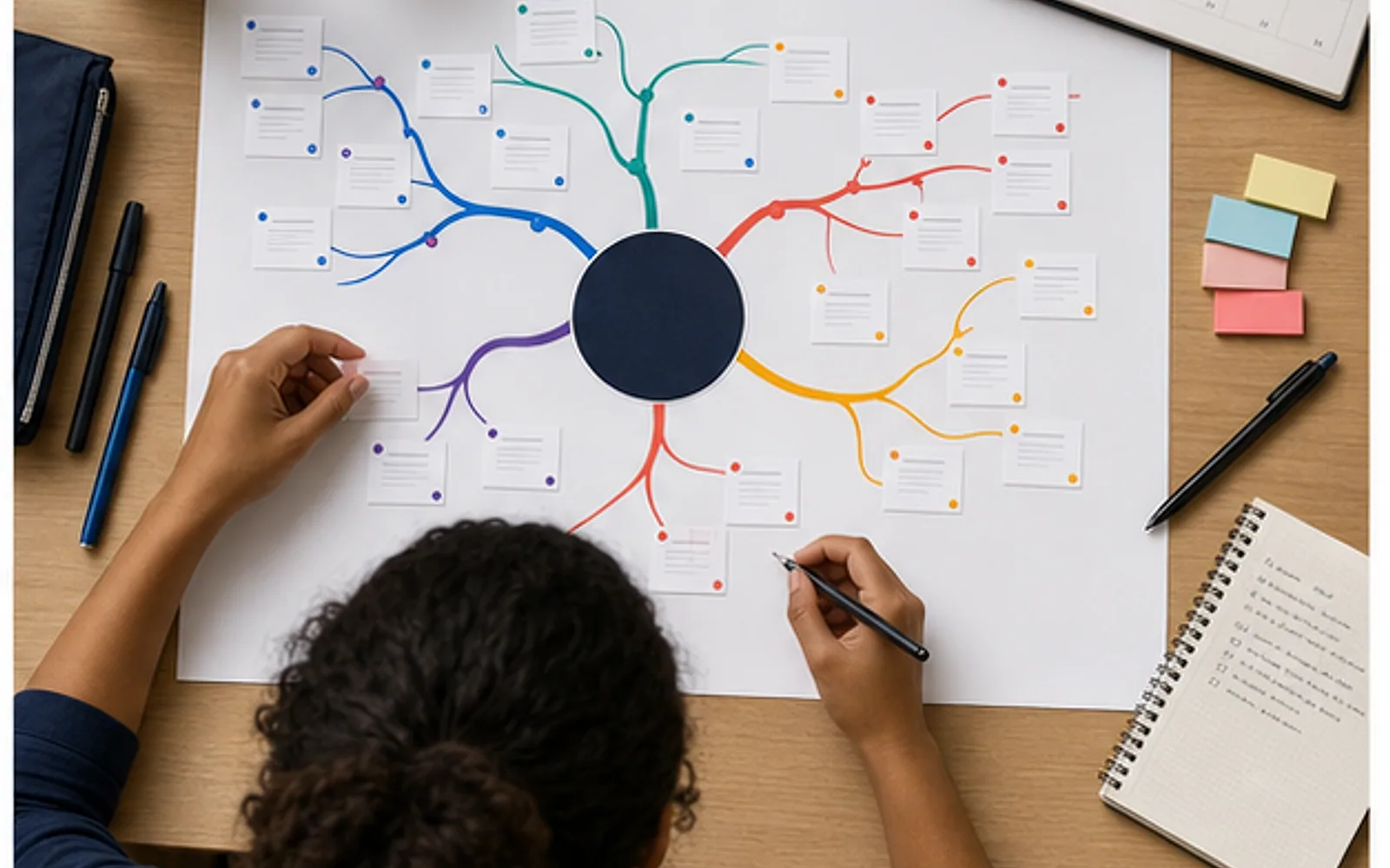 Mapa mental radial para organizar etapas do TCC com ramos de leitura, escrita, pesquisa, revisão e entrega