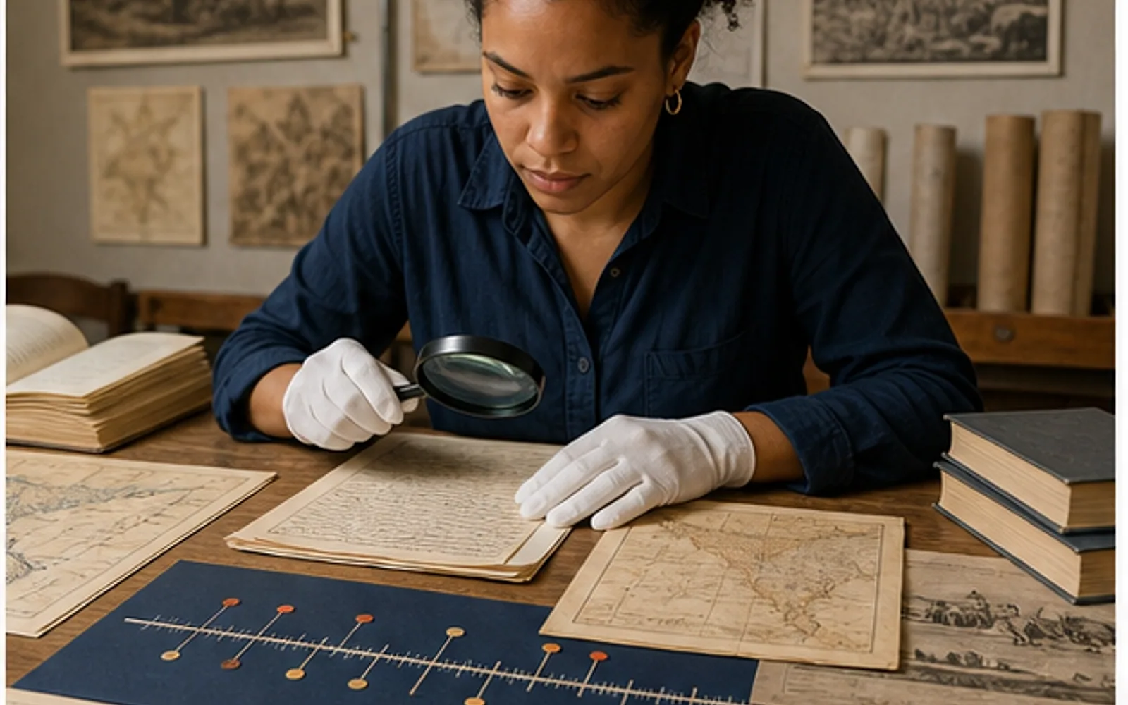 Estudante analisando mapas, correspondência diplomática e cronologia para monografia de História das Relações Internacionais