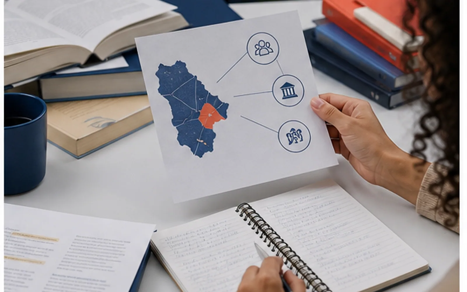 Estudante de Serviço Social relacionando documentos de políticas públicas e informações territoriais na monografia