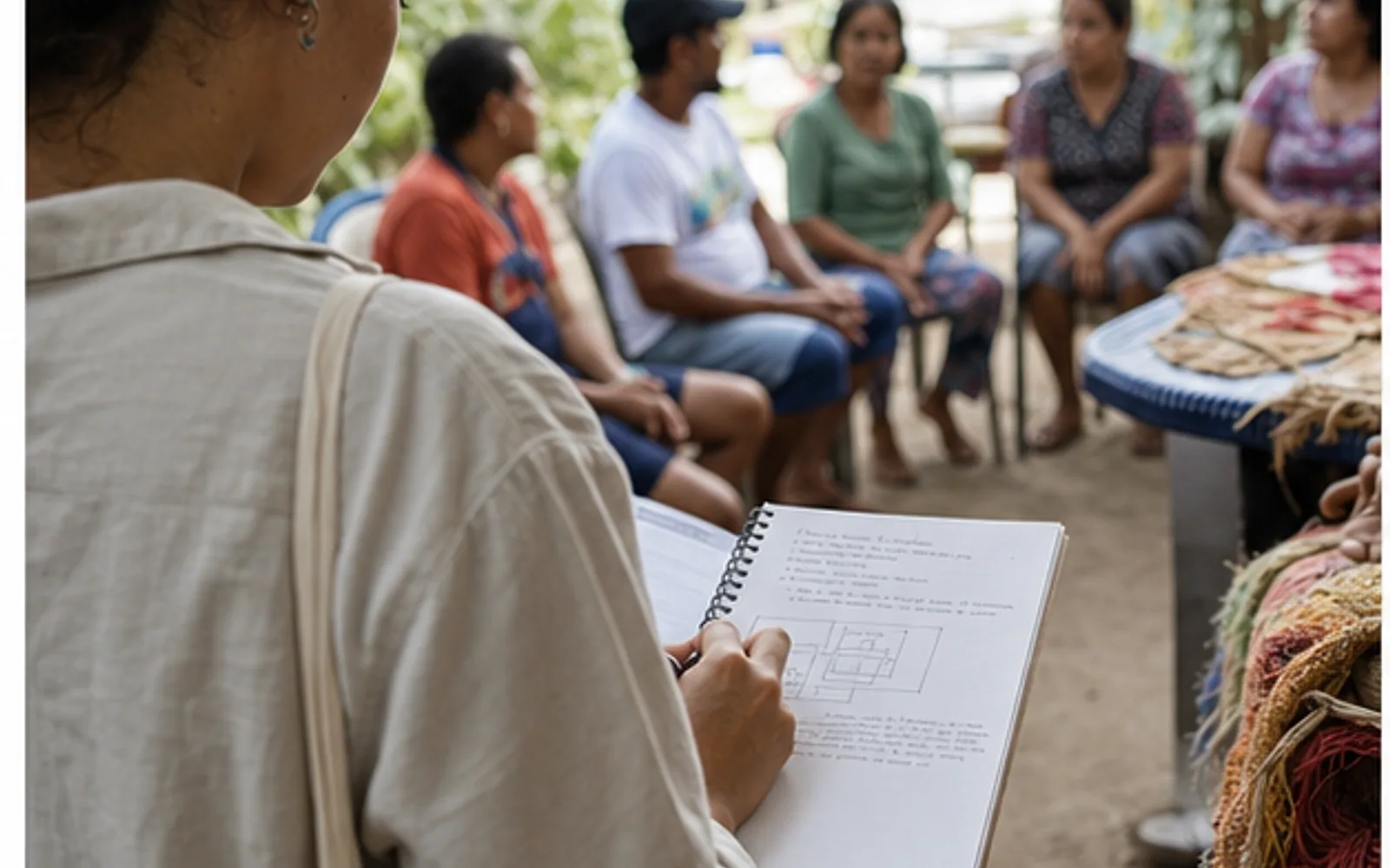 Pesquisadora em atividade de campo registrando interações, contexto e reflexões em diário de observação participante