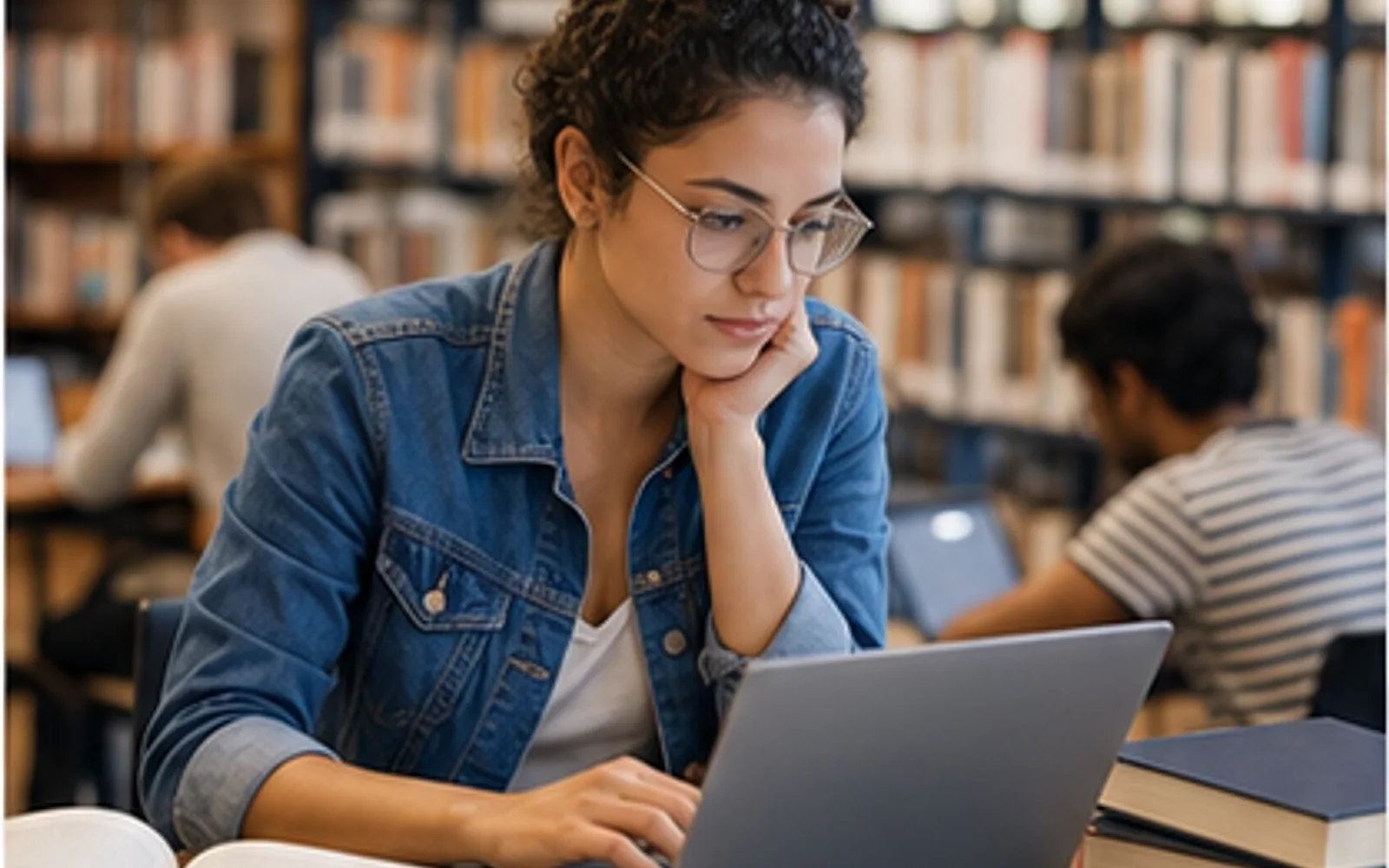 Pesquisadora comparando resultados de artigos científicos em uma tela com filtros e cartões bibliográficos