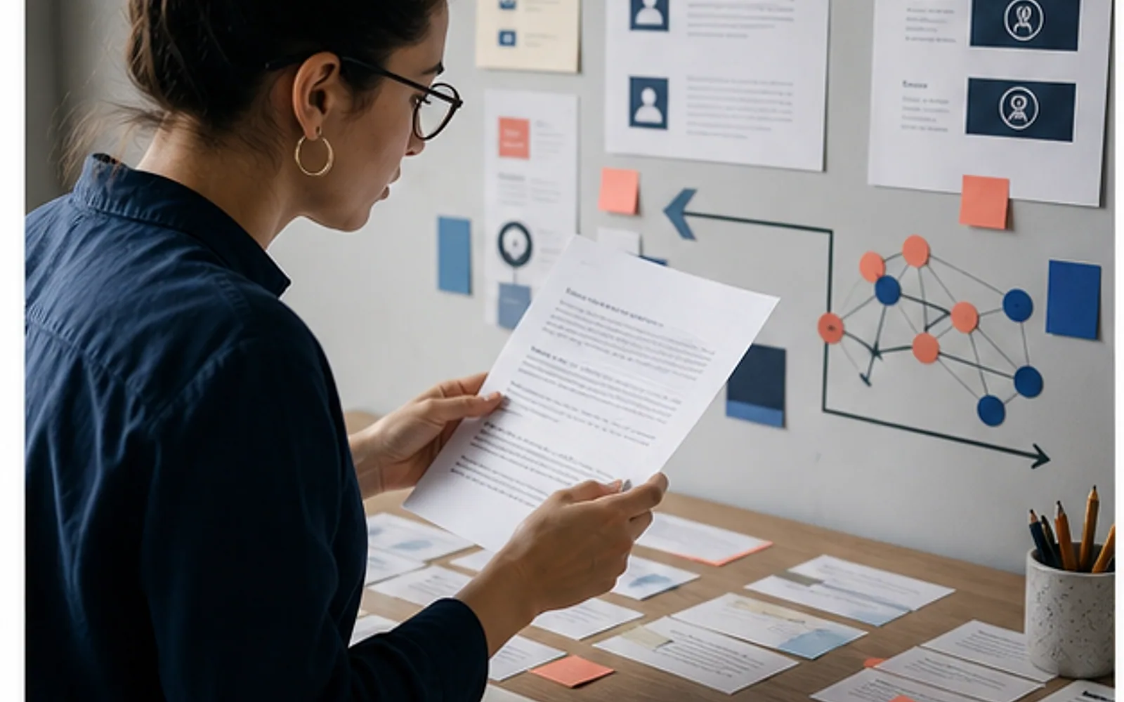 Pesquisadora analisando fluxos de checagem, notícias e circulação digital em estudo qualitativo sobre desinformação