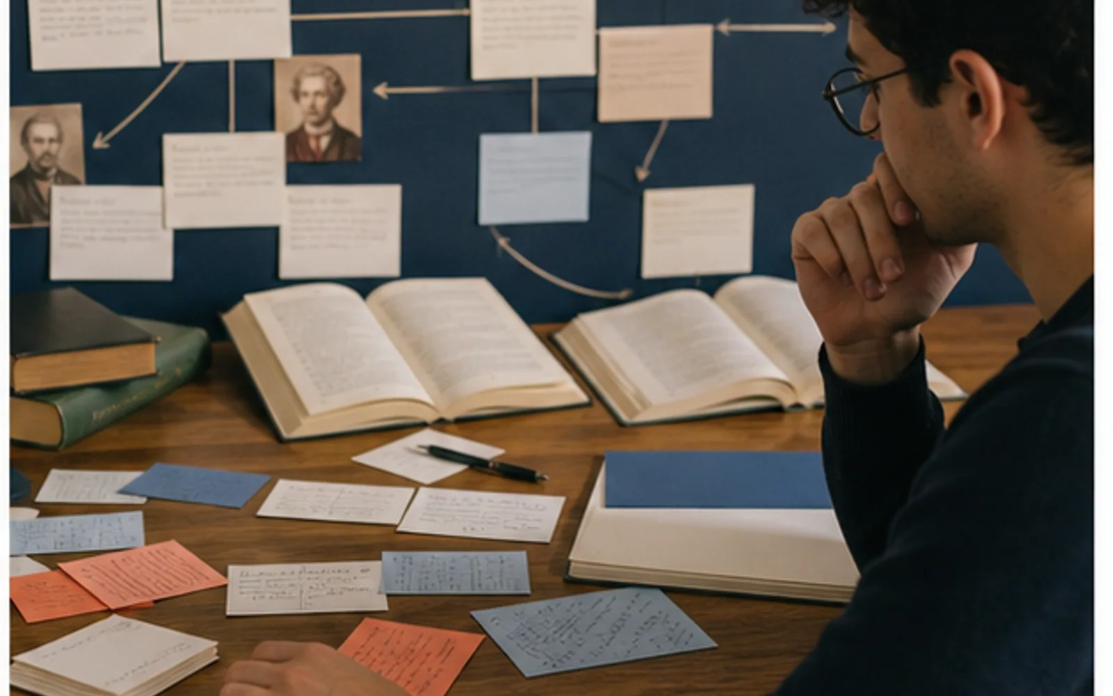 Estudante comparando edições de obras de filosofia moderna e construindo um mapa conceitual de pesquisa