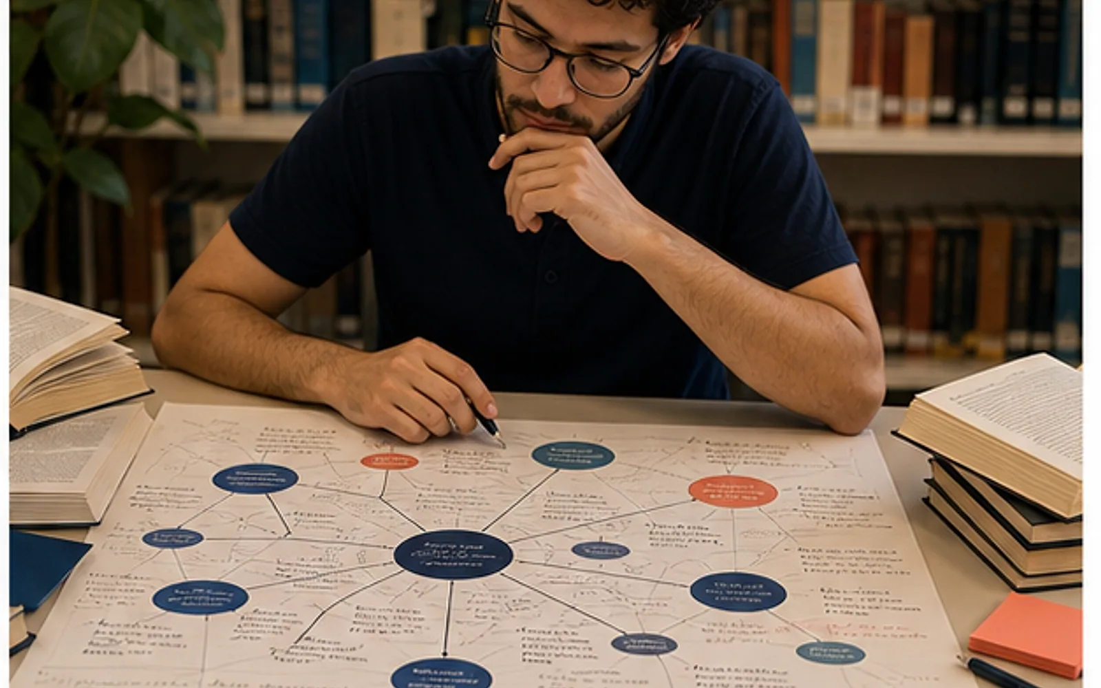 Pesquisadora elaborando argumento de filosofia da educação entre livros, conceitos e uma questão pedagógica