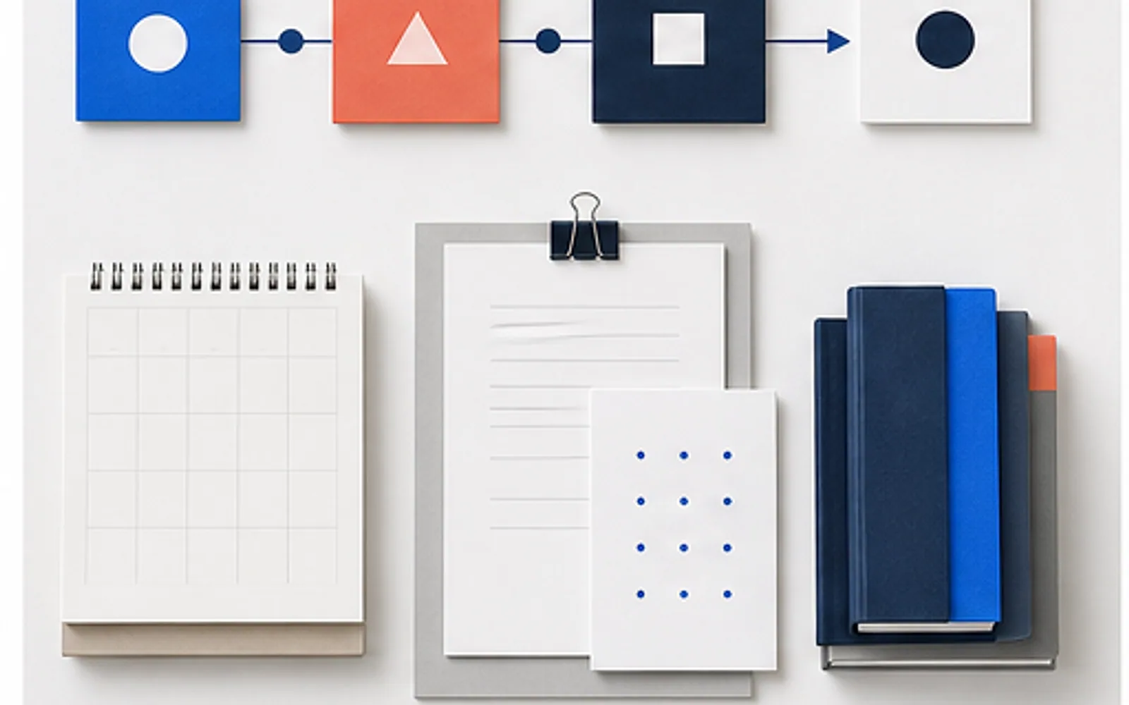 Etapas de um projeto de pesquisa organizadas com documentos, calendário e referências