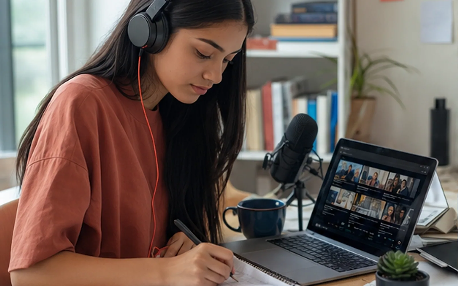 Pesquisadora registrando metadados de vídeo, podcast e transmissão online