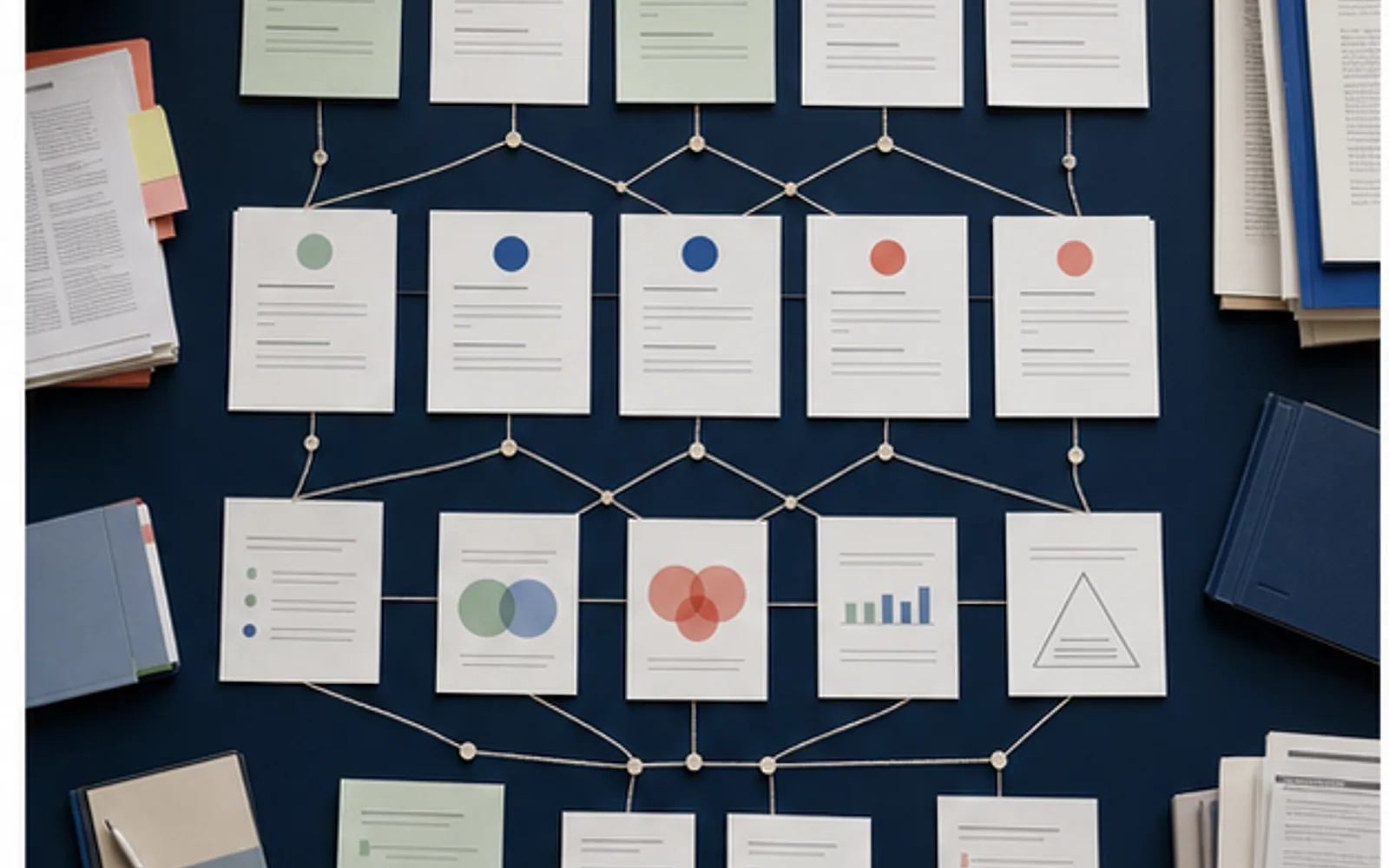 Matriz de síntese de revisão bibliográfica conectando estudos, categorias, convergências, divergências e lacunas