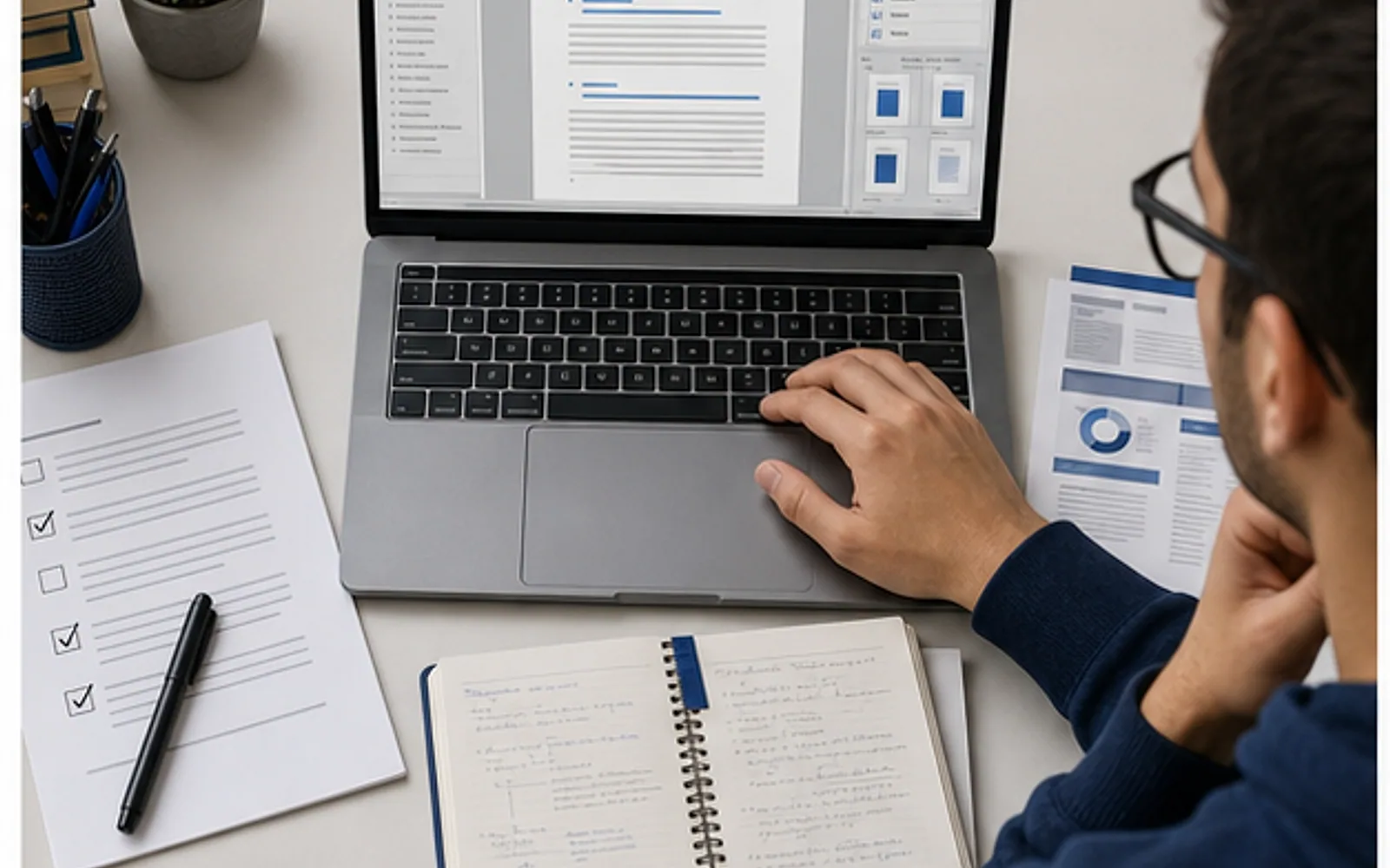 Notebook com documento acadêmico estruturado por estilos, sumário, referências e conferência do PDF do TCC