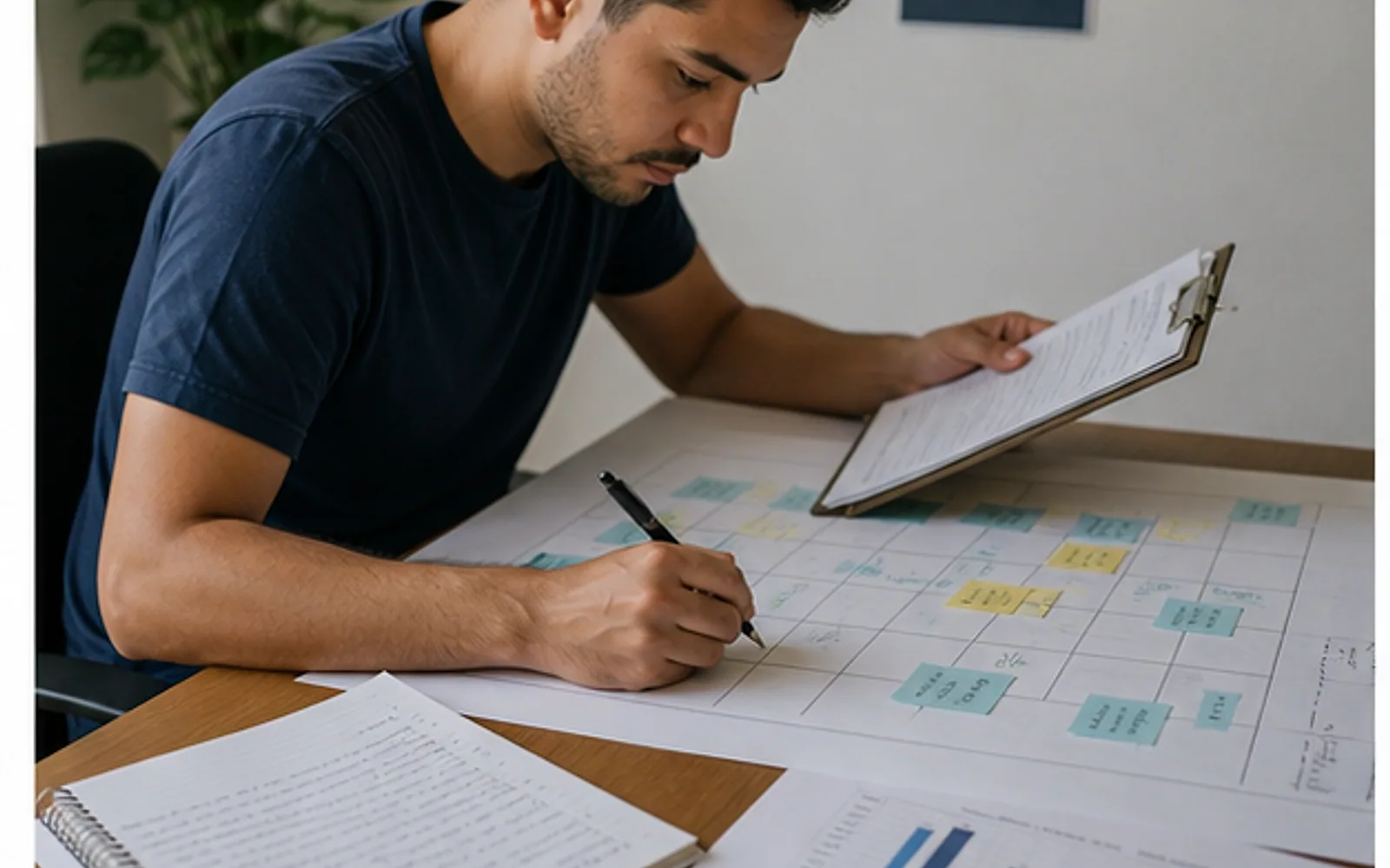 Estudante organizando registros de antecedente, resposta e consequência para um TCC de análise comportamental