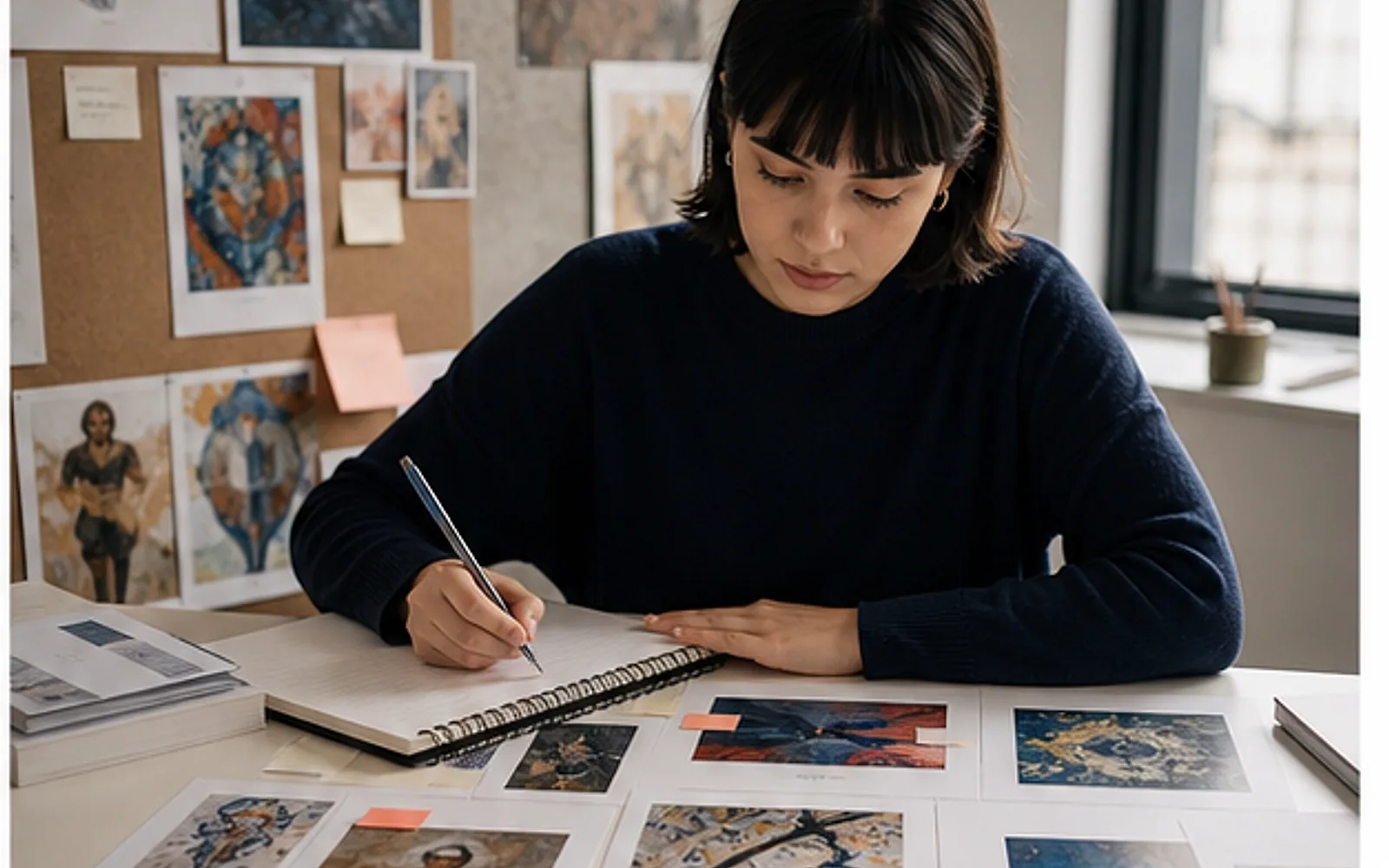 Pesquisadora comparando registros de obras, exposições e documentos para um TCC de história da arte contemporânea