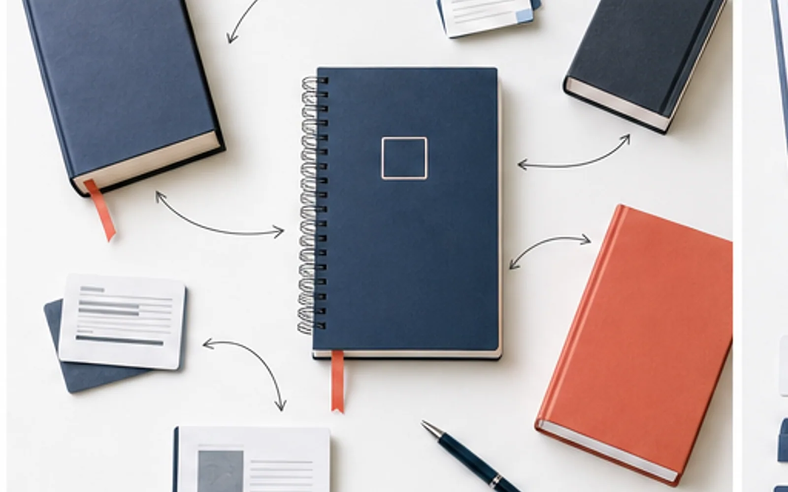 Caderno de redação ao lado de livros marcados e fichas com dados de fontes consultadas