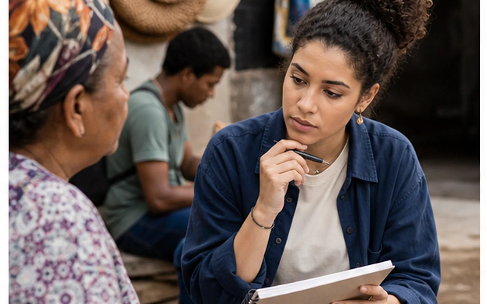 Estudante organizando práticas culturais, contextos e perguntas em um caderno para delimitar tema de TCC em antropologia