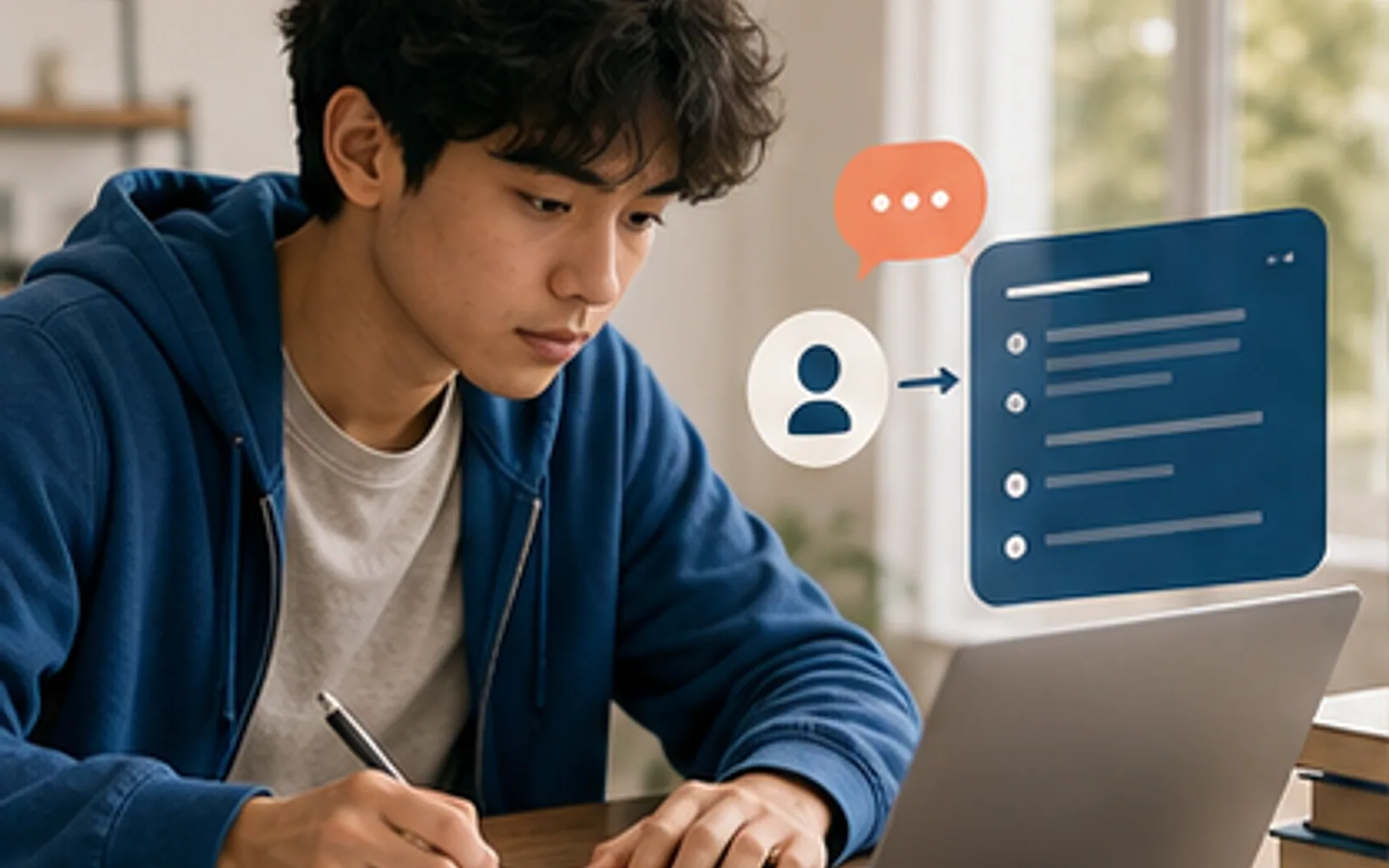 Estudante usando assistente de IA como apoio enquanto confere livros e fontes originais