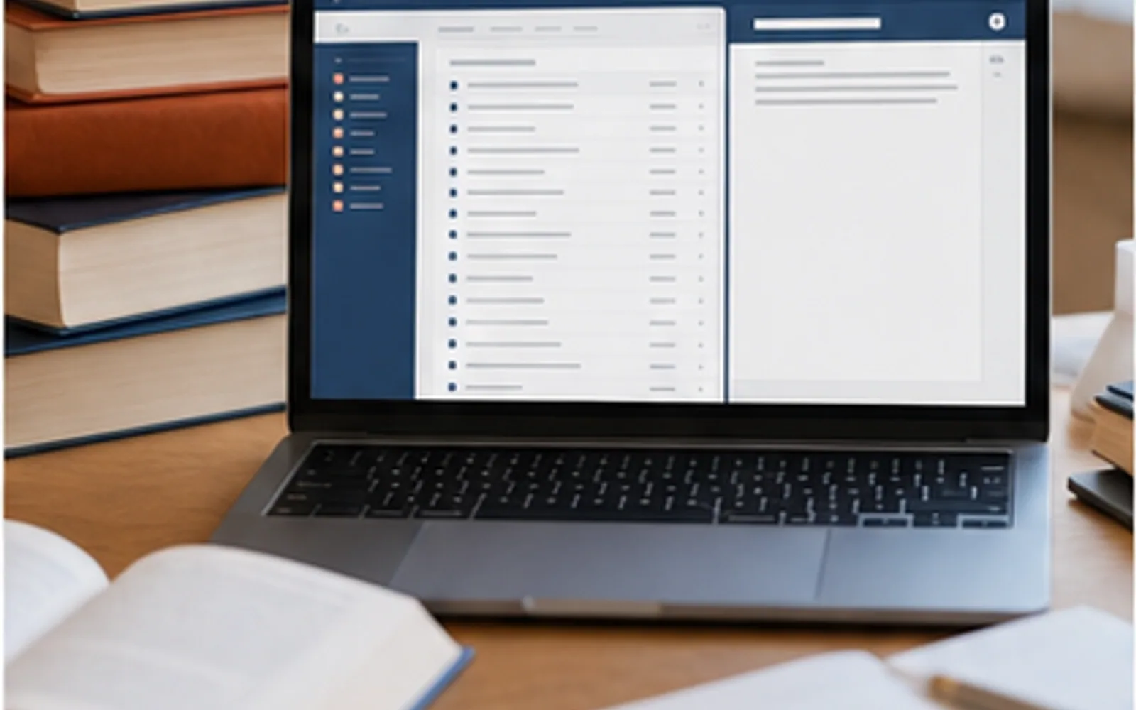 Estudante revisando biblioteca de referências e citações acadêmicas em notebook com documentos organizados